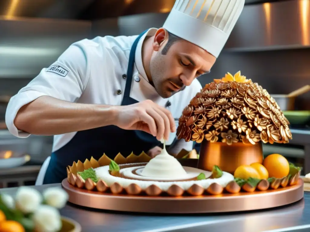 Un chef francés elaborando una escultura de azúcar intrincada para un postre, en un bullicioso y detallado ambiente de cocina francesa