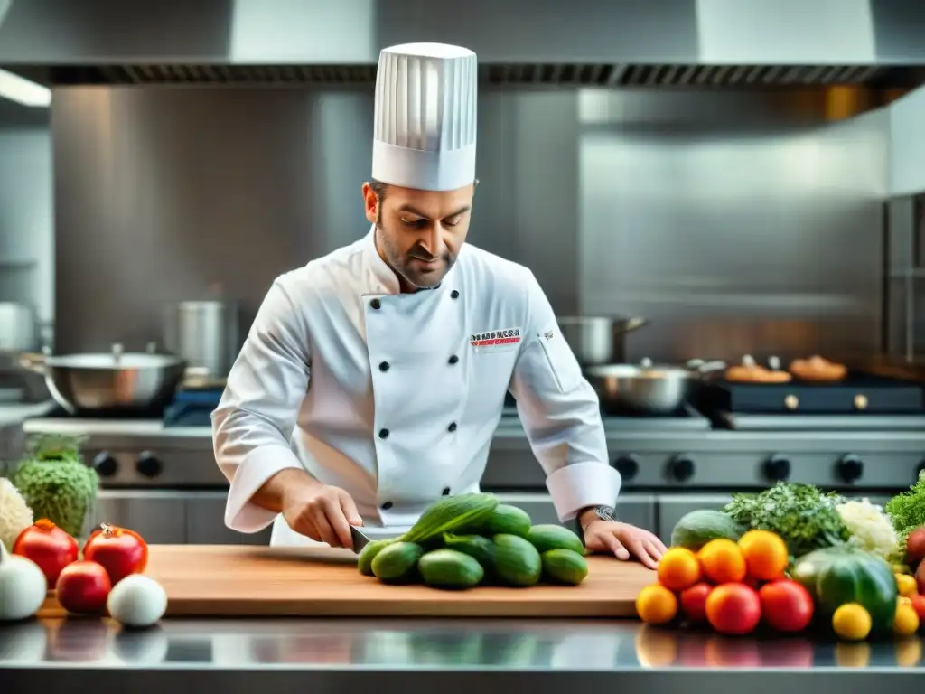 Chef francés creando escultura de azúcar, rodeado de frescos ingredientes y utensilios de cocina en concurso culinario