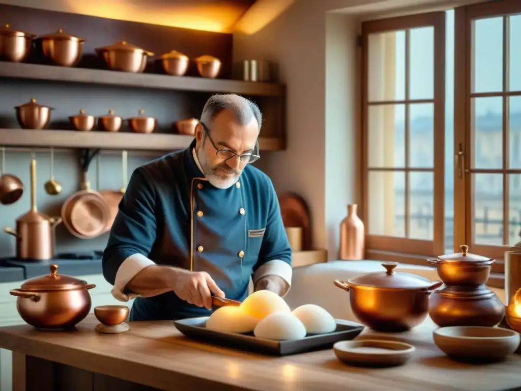 Chef francés creando esculturas de azúcar en cocina parisina