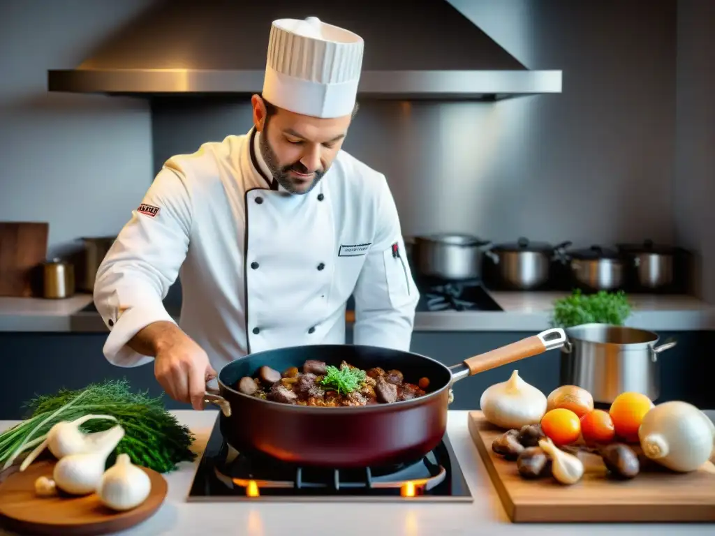 Un chef francés preparando con esmero un Bœuf Bourguignon en una cocina tradicional, rodeado de ingredientes y utensilios franceses