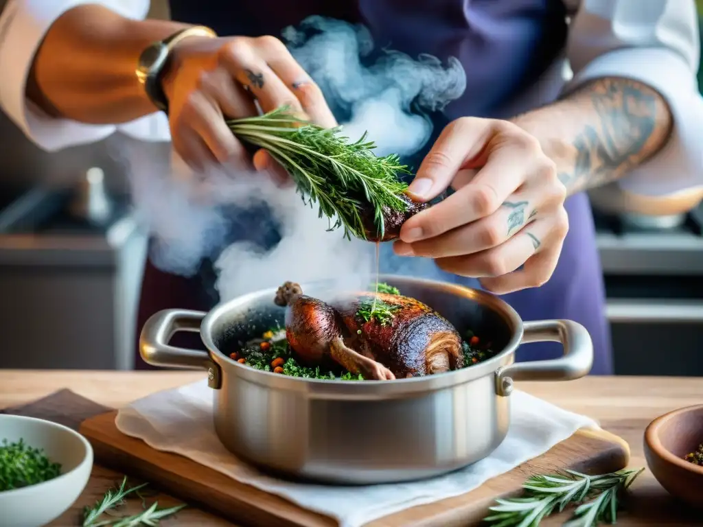 Un chef francés esparciendo especias clave en un Coq au Vin, mostrando su destreza culinaria y la esencia de la cocina francesa