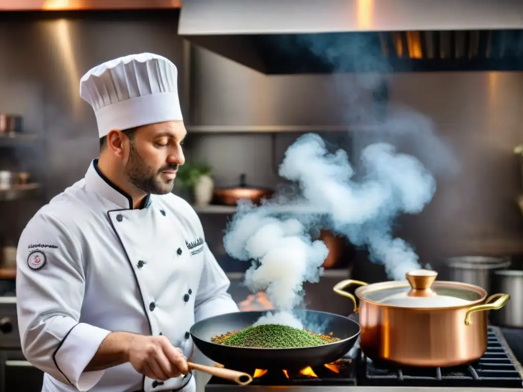 Un chef francés esparciendo especias clave en una sartén de Coq au Vin en una cocina francesa clásica con ollas de cobre al fondo