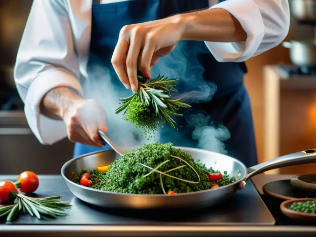 Un chef francés esparciendo especias francesas sobre verduras vibrantes en sartén humeante