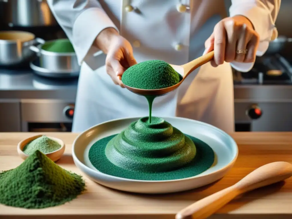 Chef francés incorporando espirulina en gastronomía francesa con elegancia y precisión en cocina moderna