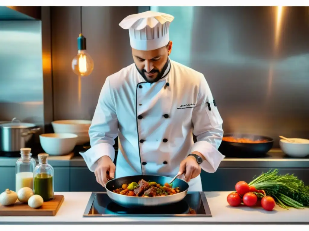 Un chef francés preparando un estofado ajedrea, mostrando maestría culinaria y atención al detalle en una cocina profesional