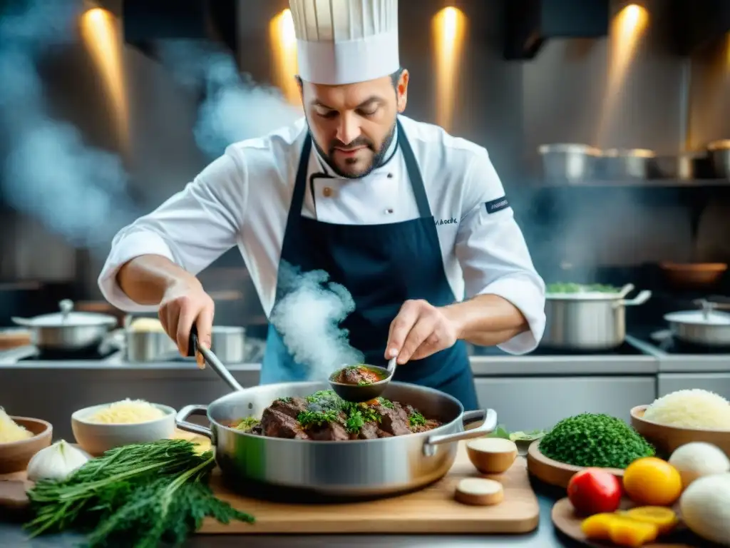 Un chef francés preparando un estofado con ajedrea en una cocina profesional, destacando la importancia de la ajedrea en la gastronomía francesa