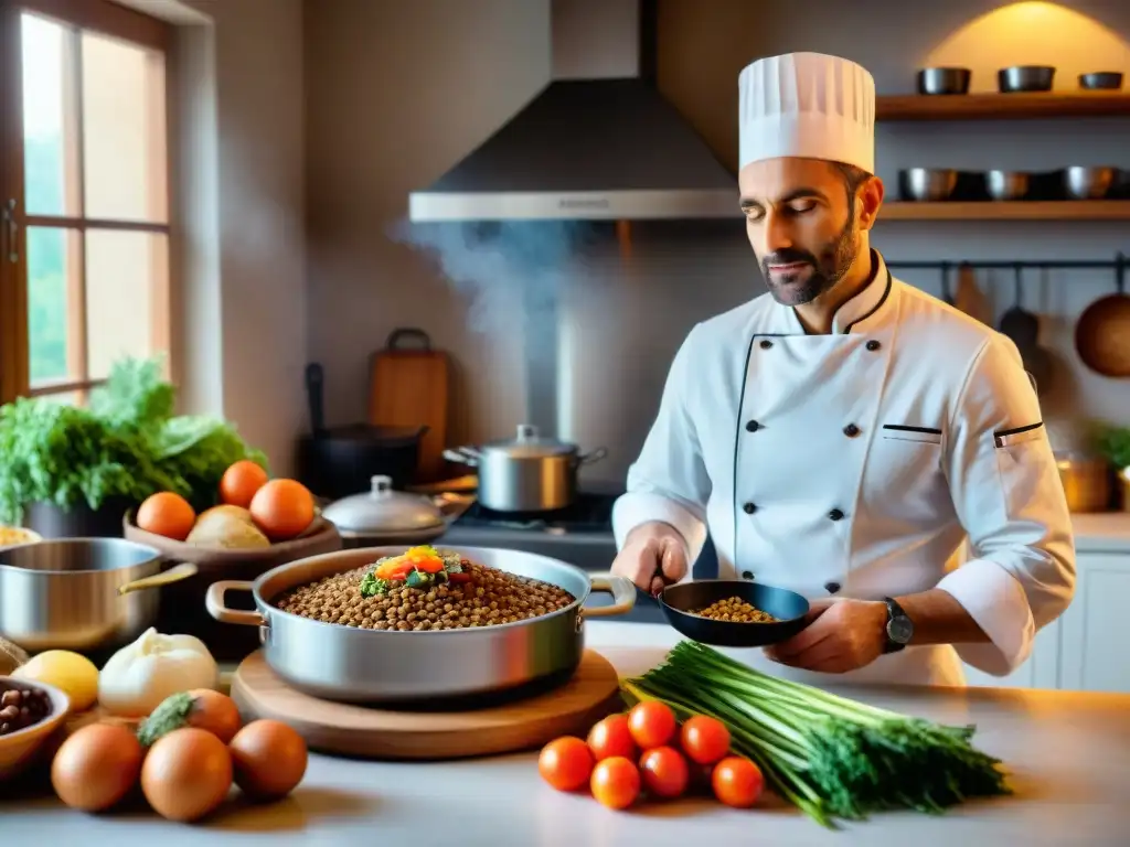 Un chef francés preparando estofado de lentejas en una cocina tradicional, evocando la esencia y beneficios de la cocina francesa