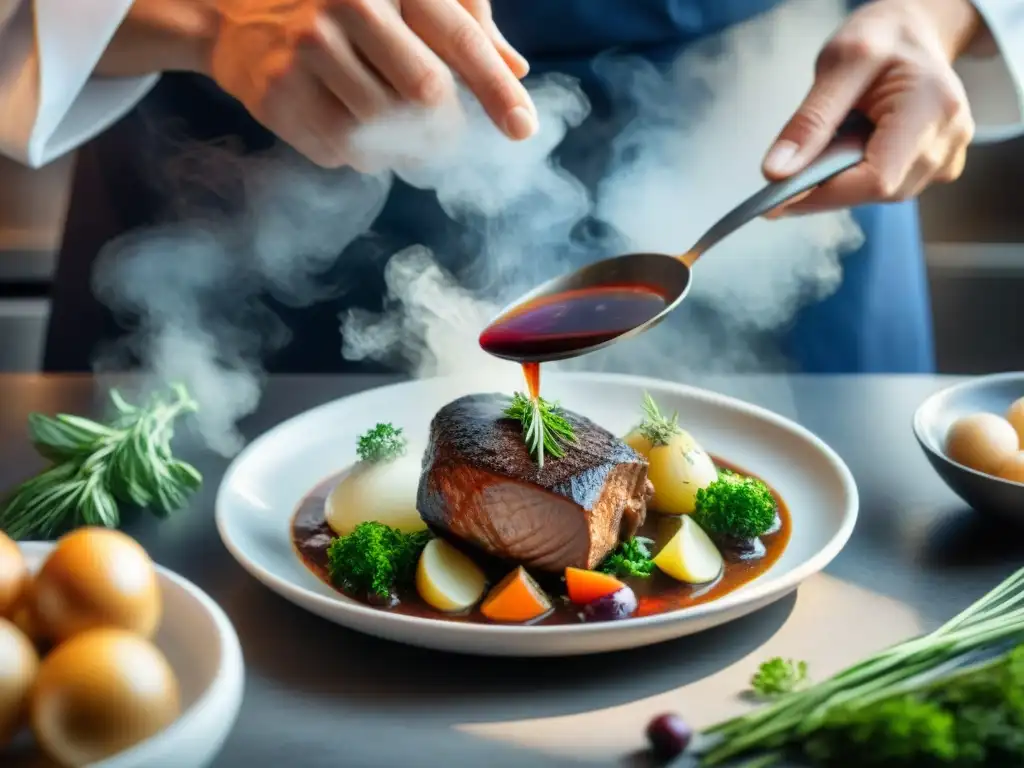 Un chef francés con estrella Michelin prepara con precisión un exquisito coq au vin