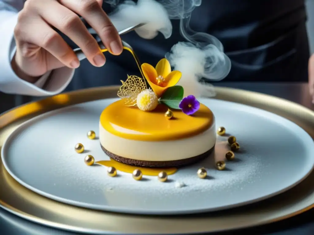 Un chef francés con estrella Michelin elaborando un postre con flores comestibles y láminas de oro en una cocina de vanguardia