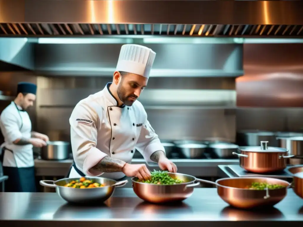 Un chef francés con estrella Michelin preparando una sofisticada receta en una cocina bulliciosa