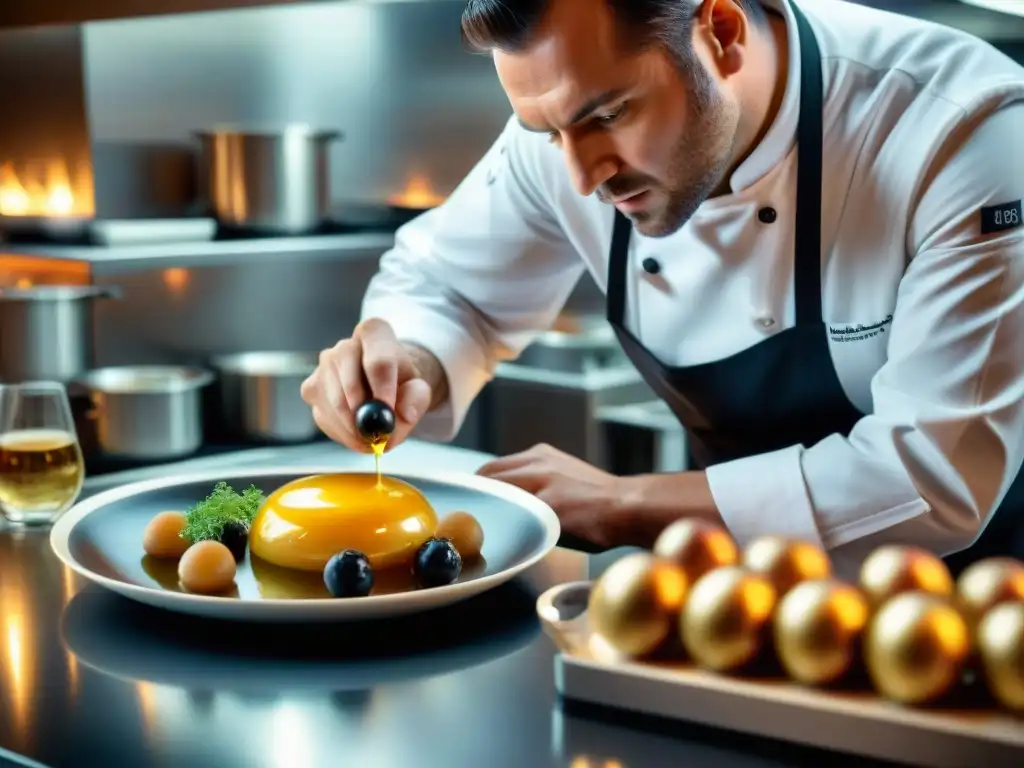 Un chef francés con estrella Michelin prepara plato gourmet con sidras francesas en lujosa cocina, destacando elegancia y alta cocina