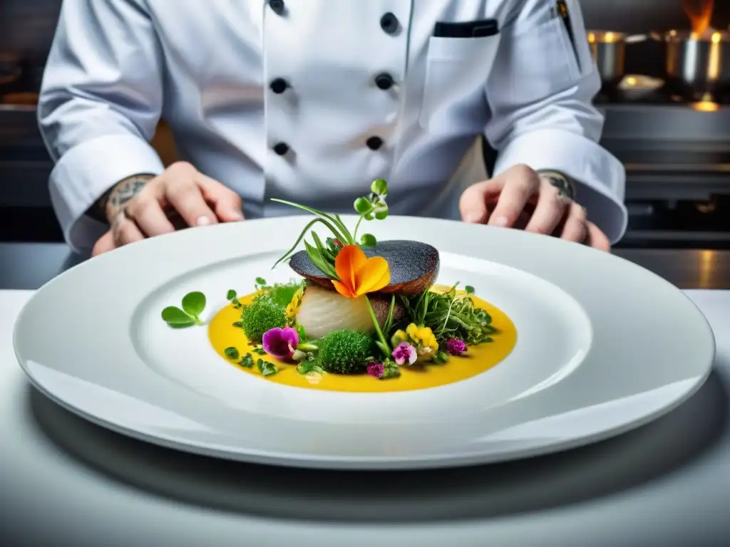 Un chef francés con estrella Michelin creando innovaciones culinarias en Francia en una cocina vanguardista