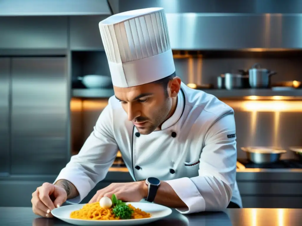 Un chef francés con estrella Michelin creando platos emblemáticos de la gastronomía francesa en una cocina moderna y elegante