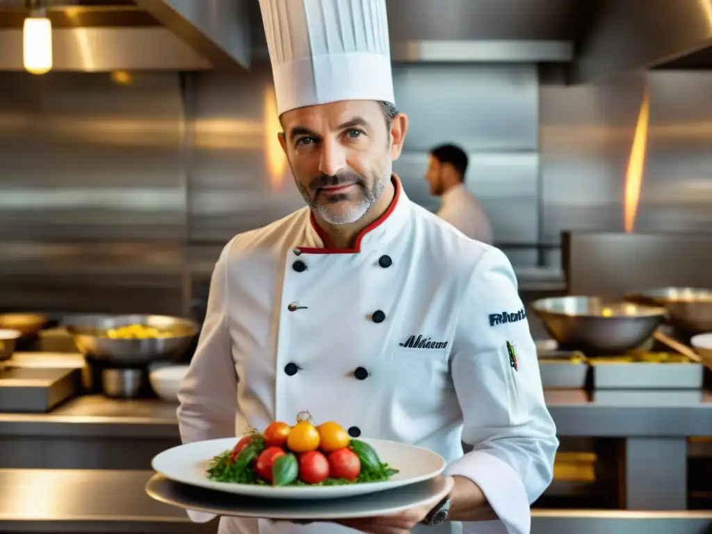 Un chef francés con estrella Michelin prepara con esmero un plato en un animado restaurante lleno de ingredientes locales en Francia