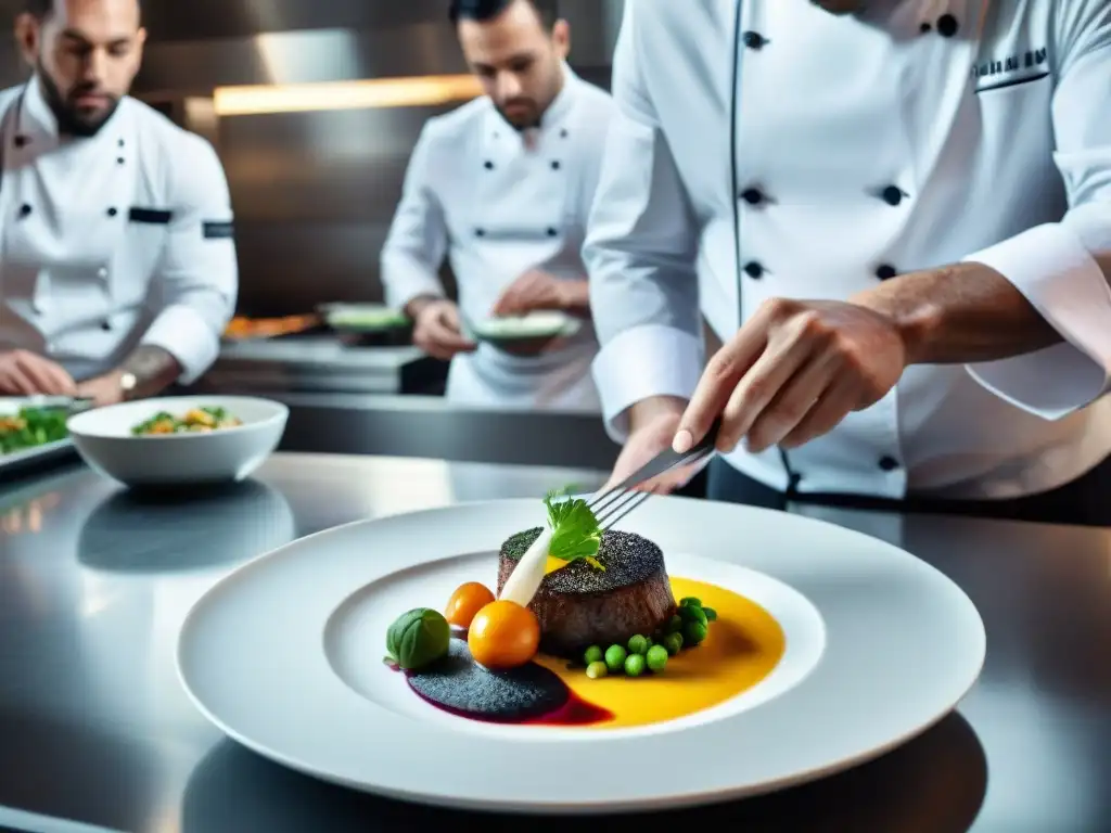 Chef francés con estrella Michelin crea obra maestra culinaria Un chef francés con estrella Michelin en una cocina de alta gama, creando platos modernos e innovadores