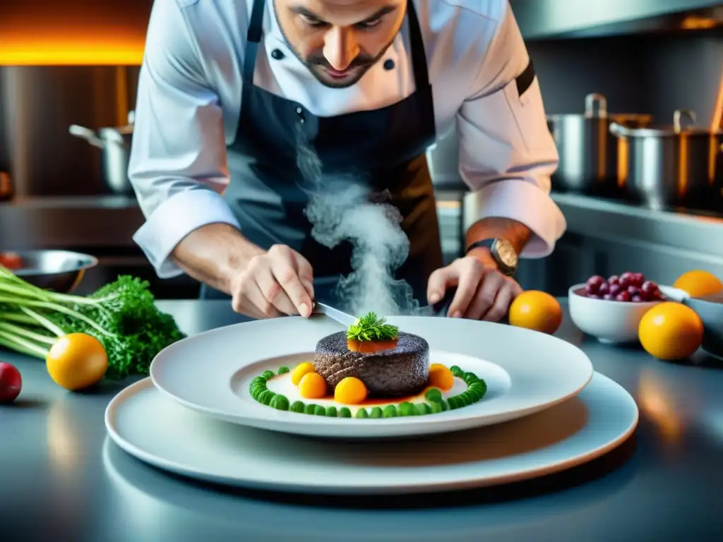 Un chef francés con estrella Michelin preparando un exquisito plato en una cocina sofisticada