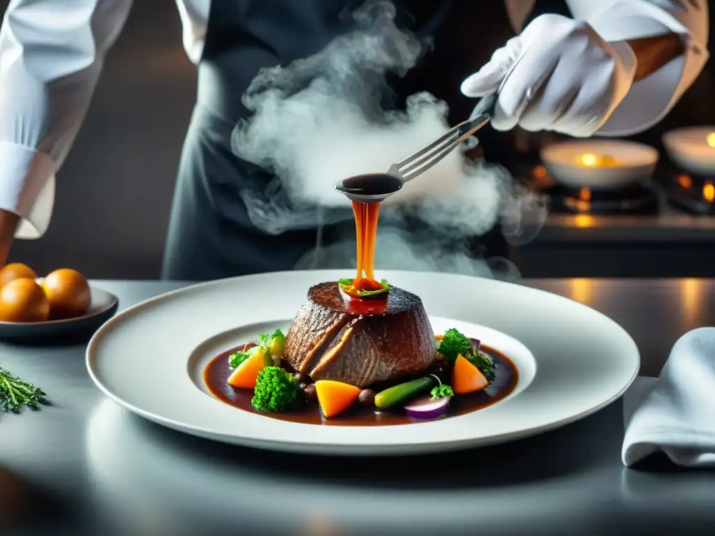 Un chef francés con estrella Michelin prepara un coq au vin en una cocina moderna, mostrando innovaciones culinarias en gastronomía francesa