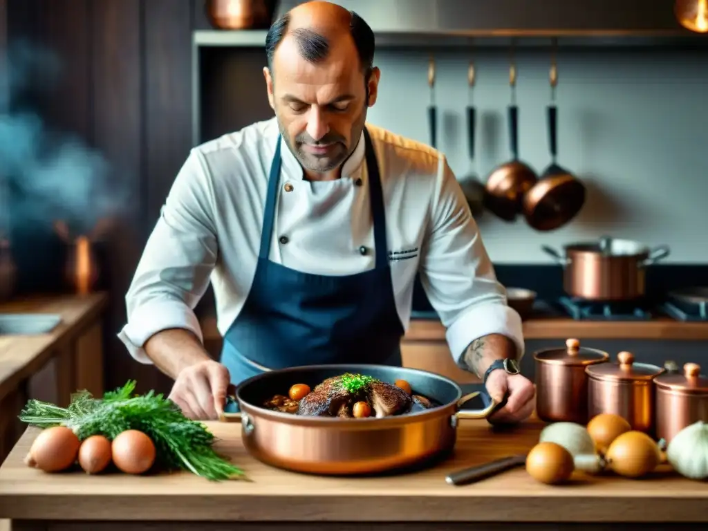 Un chef francés con estrella Michelin prepara Coq au Vin en cocina clásica