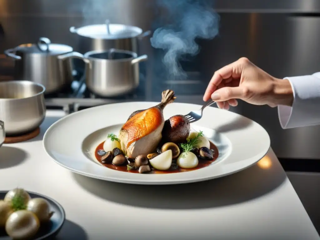 Un chef francés con estrella Michelin prepara con precisión un Coq au Vin en una cocina moderna