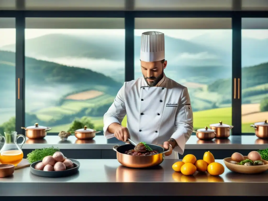 Un chef francés con estrella Michelin cocina al vacío en Francia un exquisito Coq au Vin en una cocina de alta tecnología