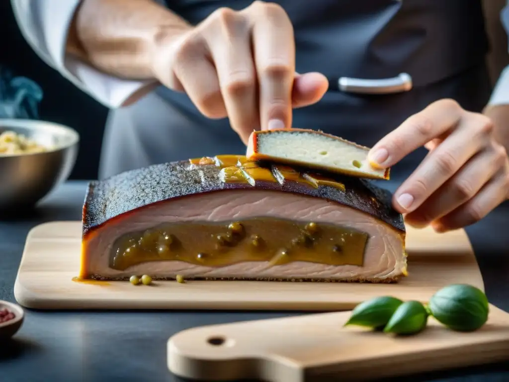 Un chef francés con estrella Michelin usando técnicas al vacío en la gastronomía francesa para preservar un foie gras