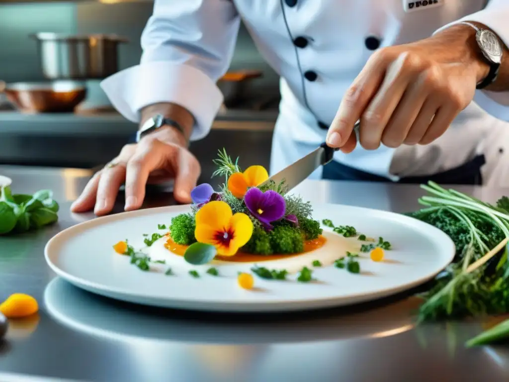 Un chef francés con estrella Michelin creando con precisión un plato en una cocina moderna