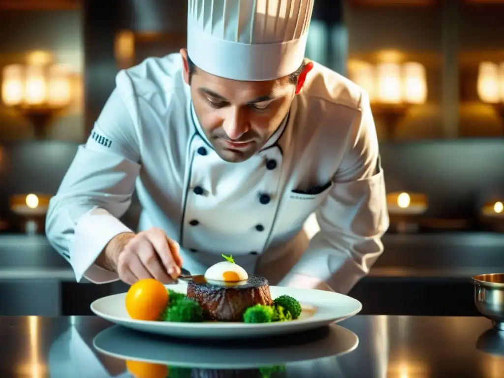 Un chef francés con estrella Michelin prepara un exquisito plato en Le Meurice, mostrando la elegancia de la gastronomía francesa de lujo en París