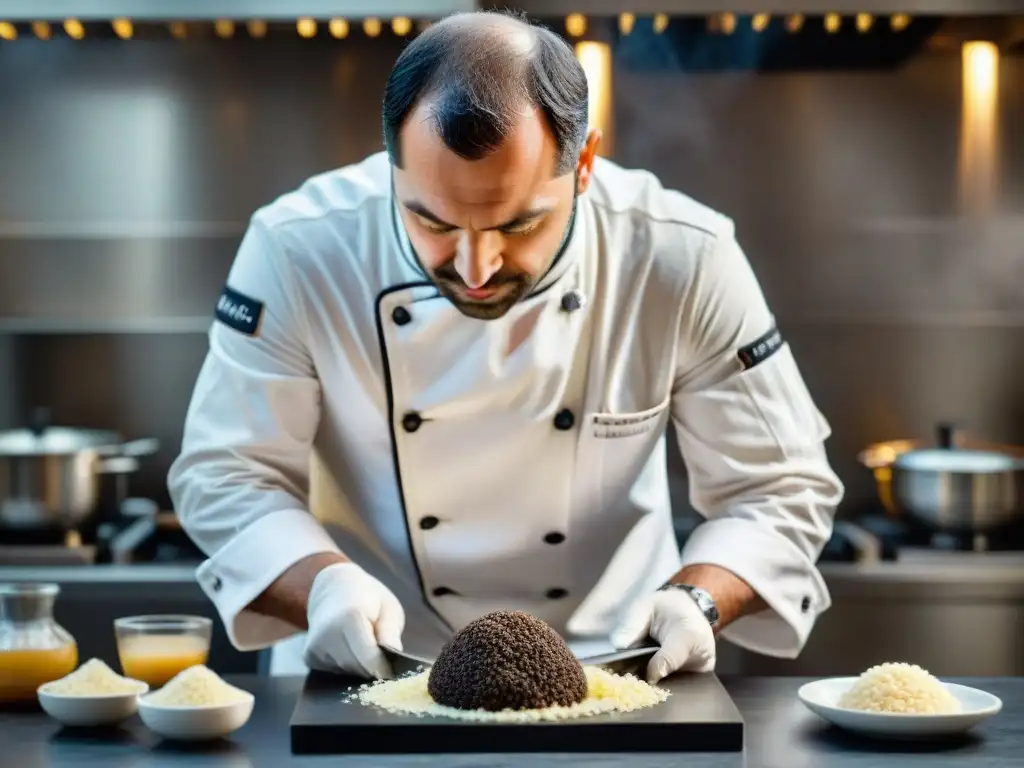 Un chef francés con estrella Michelin rebana trufa negra de Périgord sobre risotto en cocina profesional