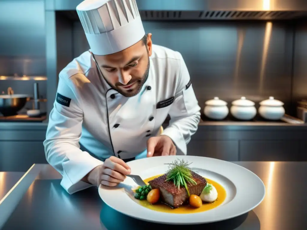 Un chef francés estrellado por Michelin elabora una interpretación moderna de un plato clásico francés en una cocina de vanguardia