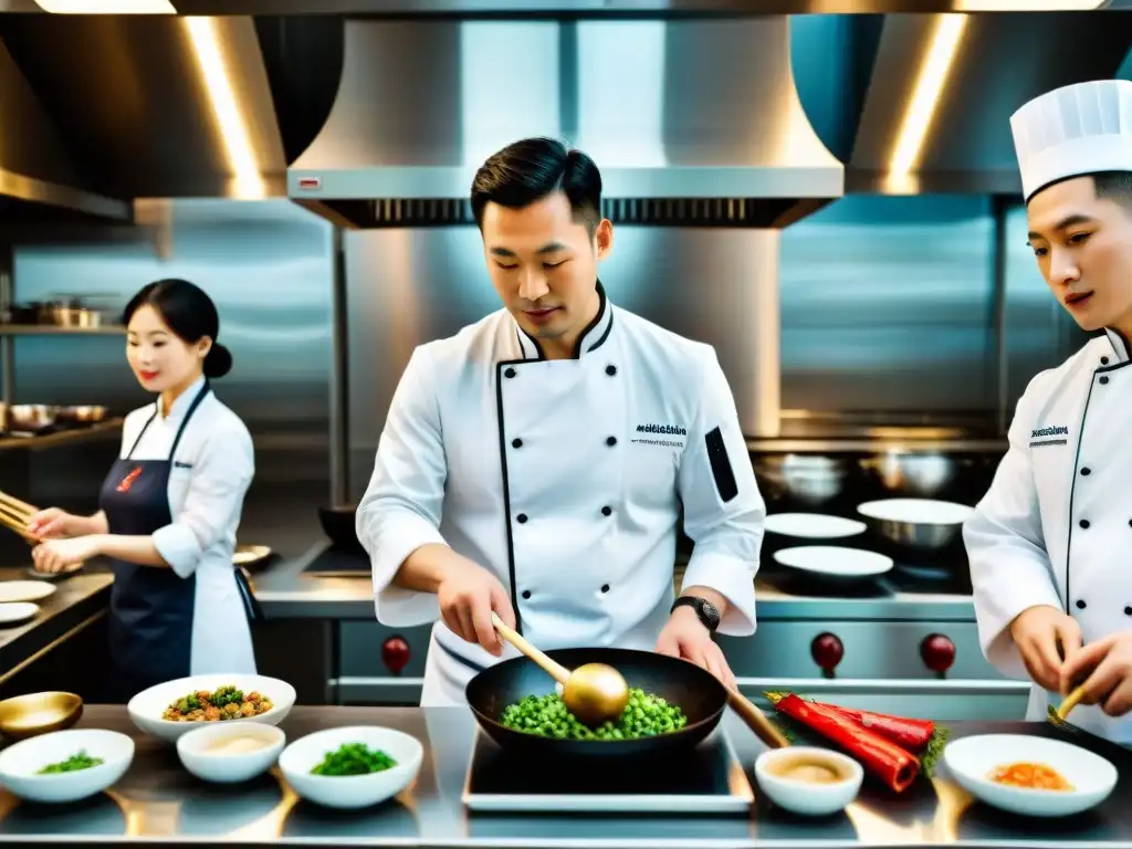 Chef francés enseñando a estudiantes de cocina china en una cocina multicultural