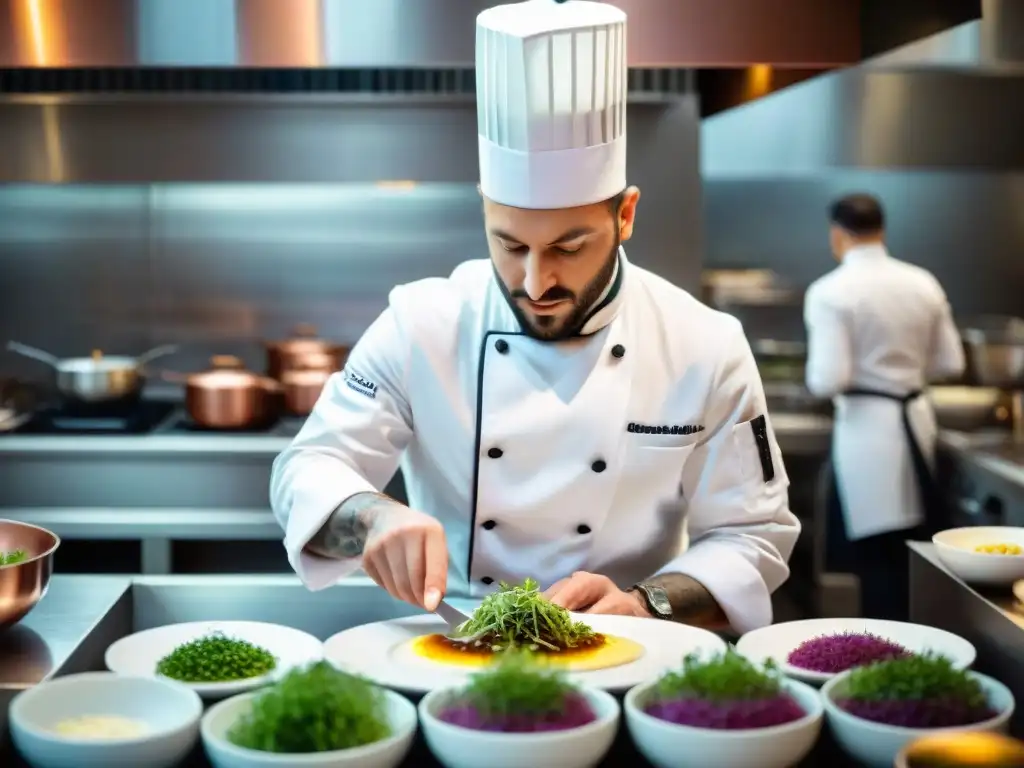 Un chef francés exitoso en un restaurante Michelin de París, concentrado en plato gourmet rodeado de ambiente culinario