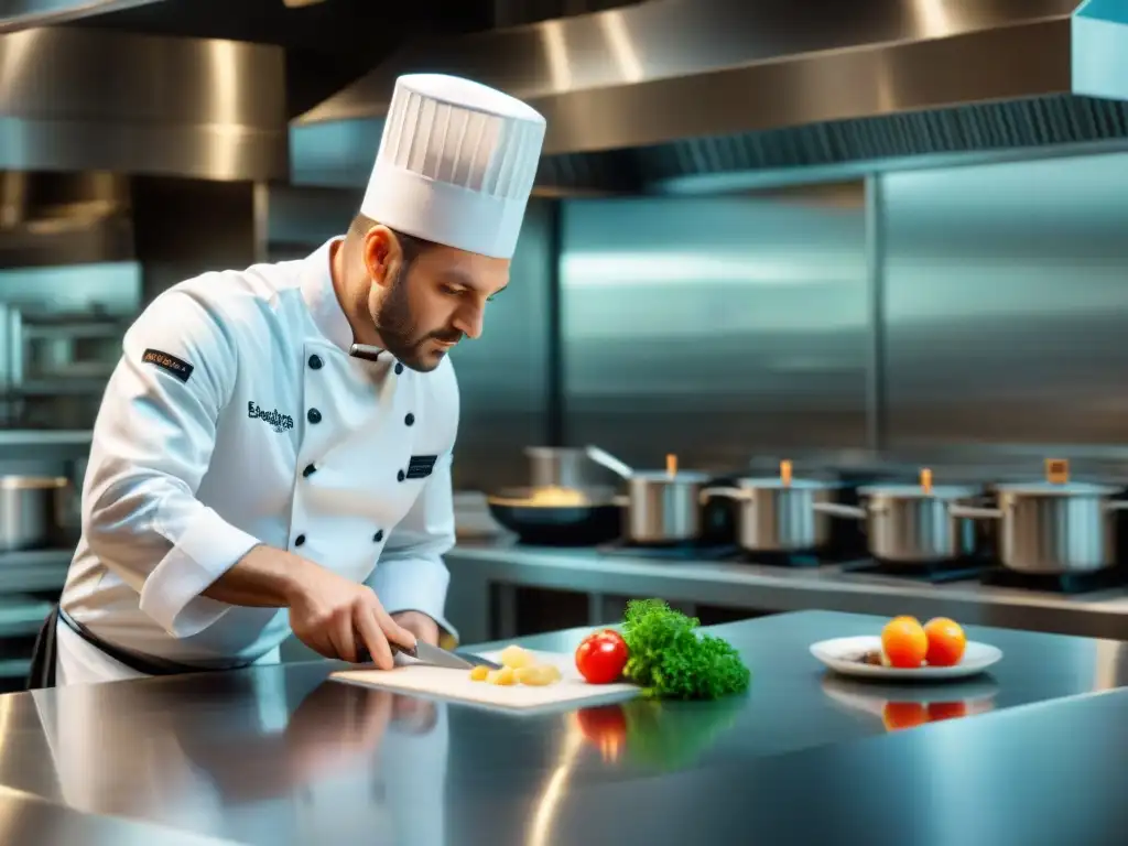 Un chef francés con experiencia preparando un plato sofisticado en su restaurante con estrella Michelin, reflejando dedicación y expertise