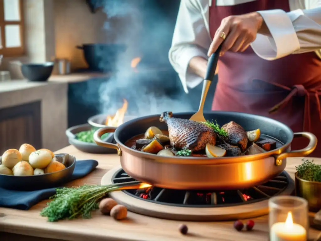 Un chef francés experimentado preparando Coq au Vin en una cocina campestre francesa, demostrando técnicas de cocina francesa avanzadas