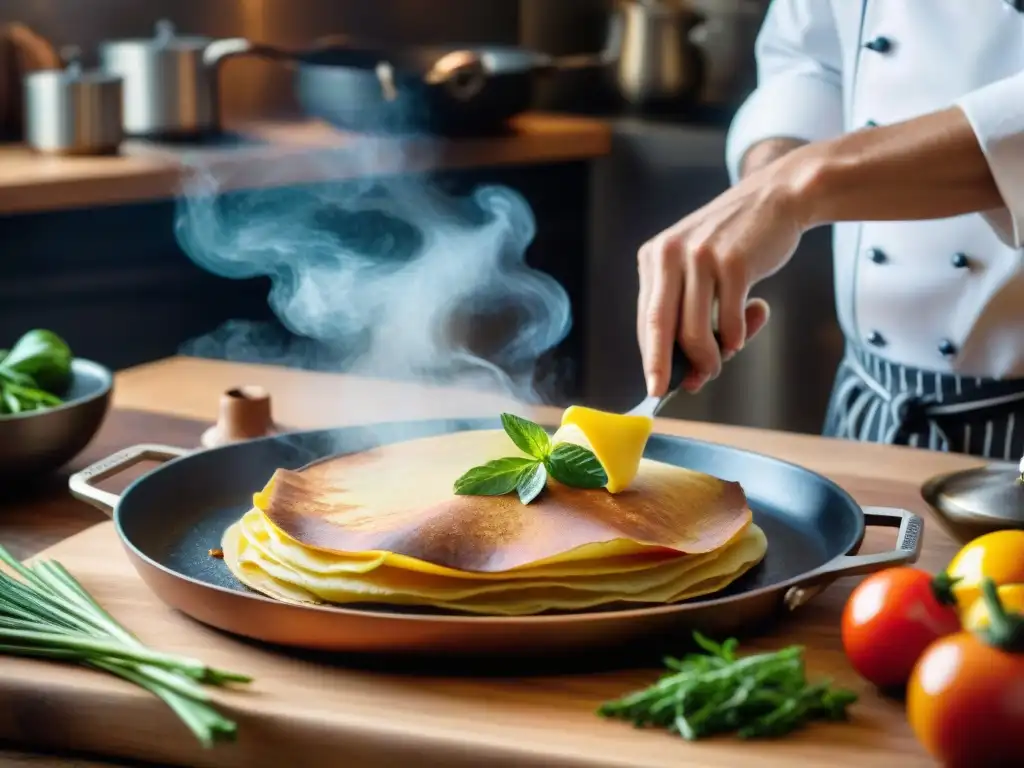 Un chef francés experimentado voltea una crepe dorada en una sartén de cobre, en una cocina parisina llena de utensilios tradicionales