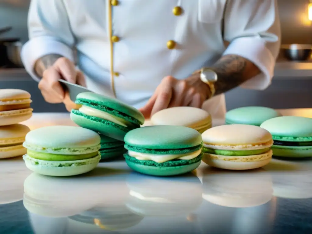 Un chef francés experimentado incorpora espirulina en macarons, con pastelería francesa al fondo