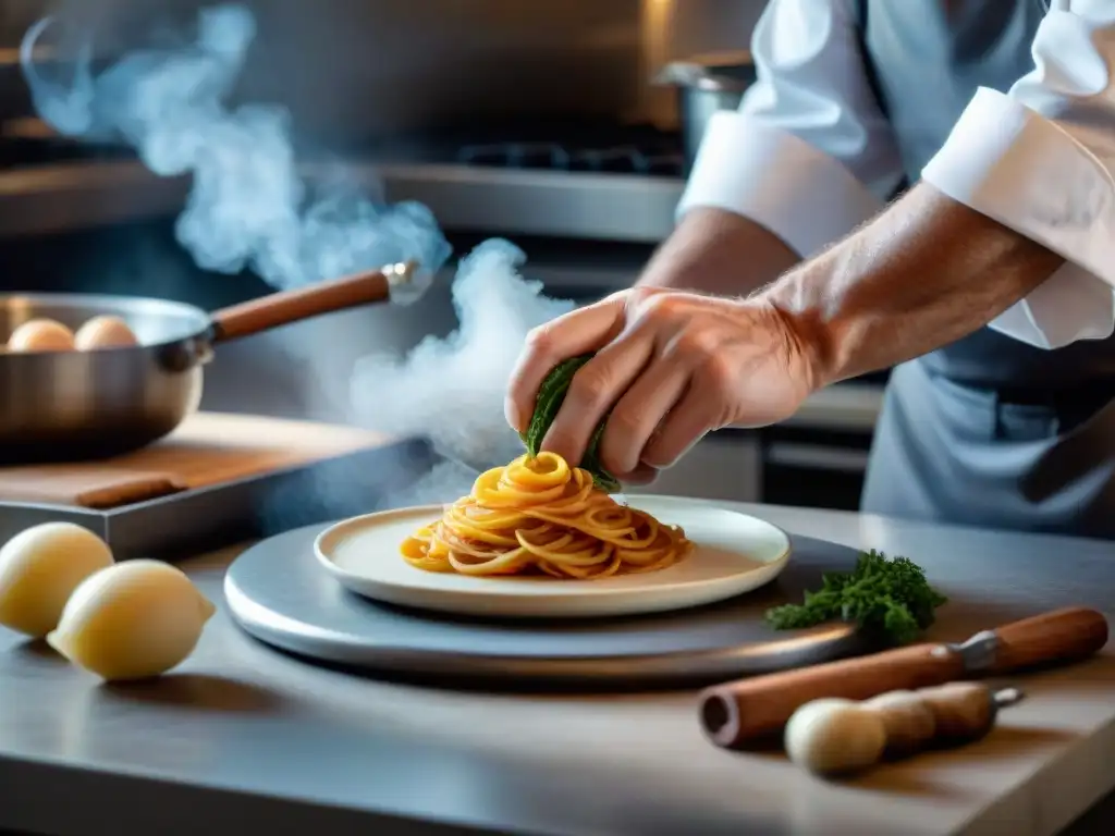 Un chef francés experimentado crea un plato delicado con precisión y cuidado en una cocina tradicional