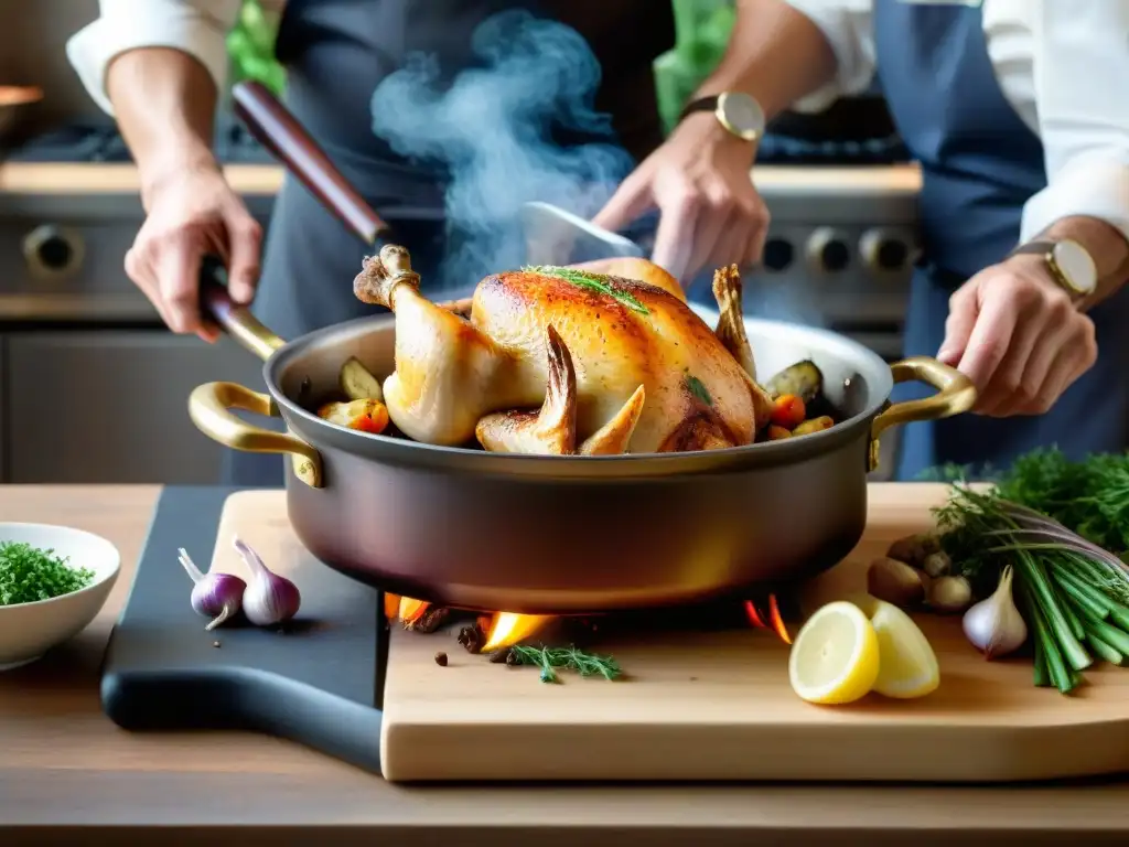 Un chef francés experimentado preparando una receta Coq au Vin tradicional en una cocina llena de actividad y aromas tentadores