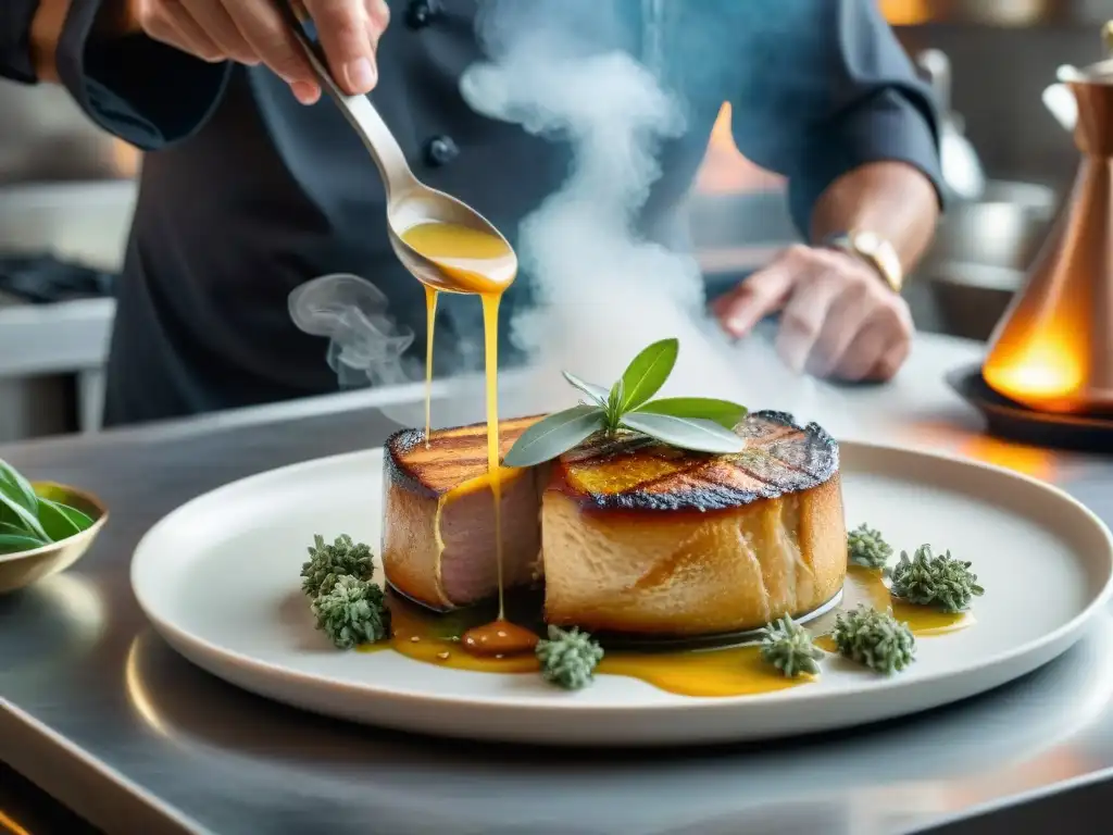 Un chef francés experimentado añadiendo una salsa de salvia a un foie gras en una cocina parisina