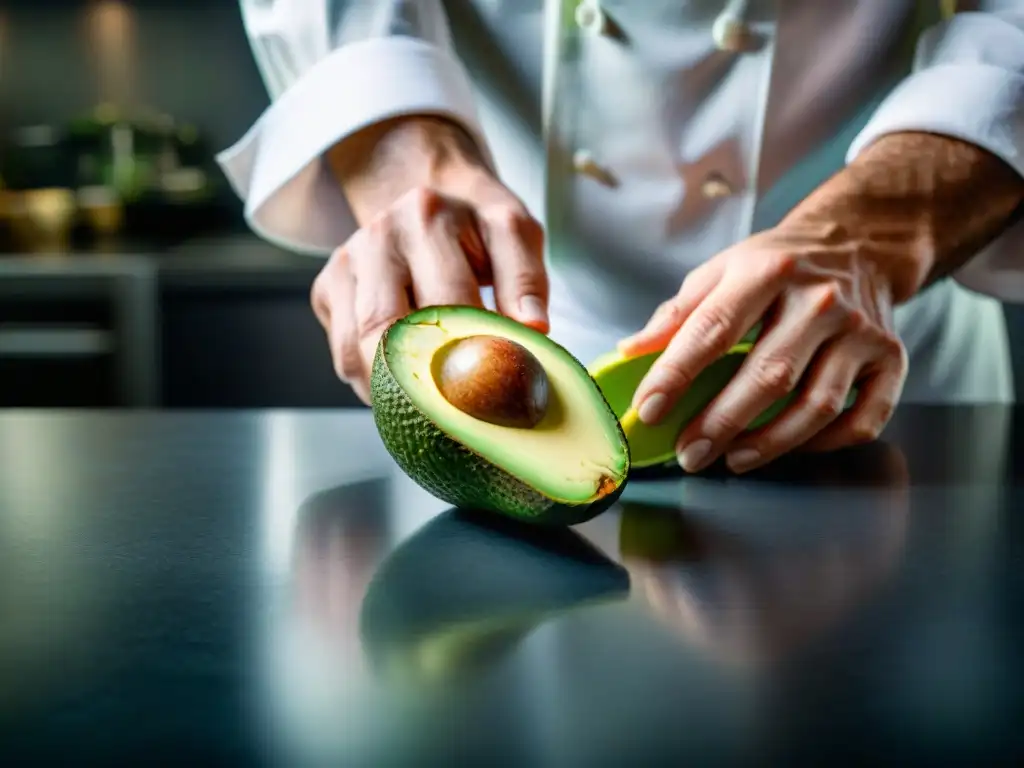 Maestro chef cortando un aguacate: habilidad y frescura en la cocina Un chef francés experto cortando un aguacate maduro con herramientas digitales para chefs franceses