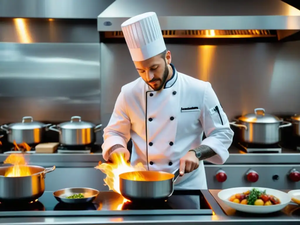 Un chef francés experto, en un ajetreado ambiente de cocina, flambeando con destreza un platillo gourmet