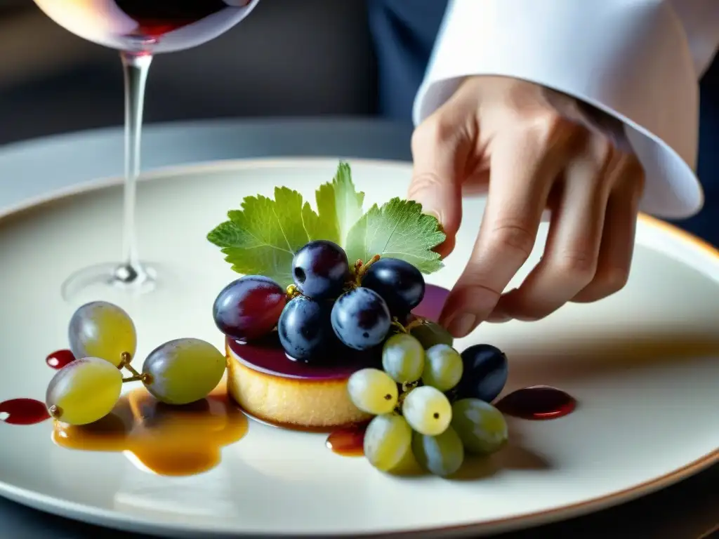 Un chef francés experto en alta cocina coloca con delicadeza uvas frescas en un plato gourmet