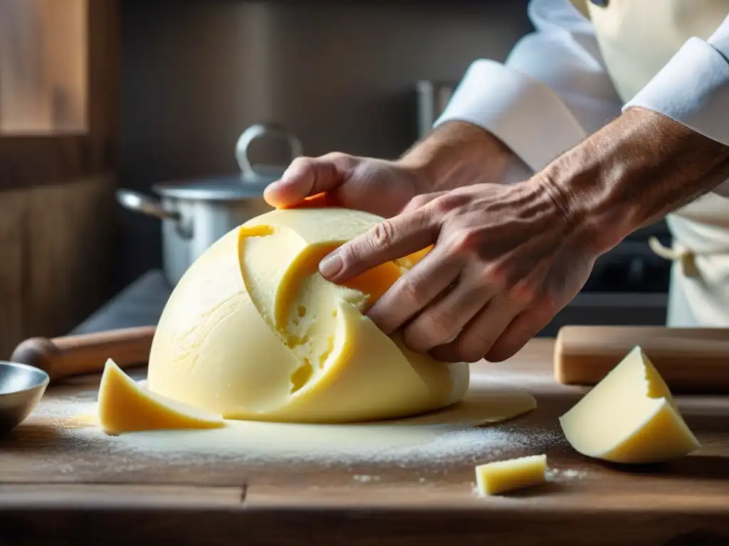 Un chef francés experto amasa mantequilla fermentada en una cocina rústica