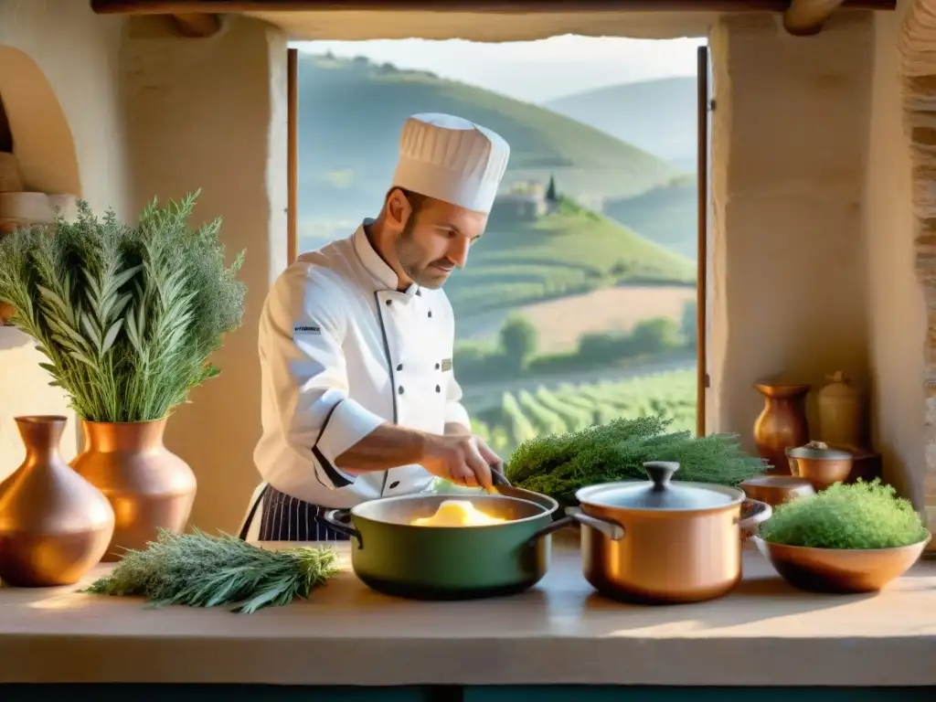 Un chef francés experto añadiendo salvia fresca a una sartén en Provence, Francia