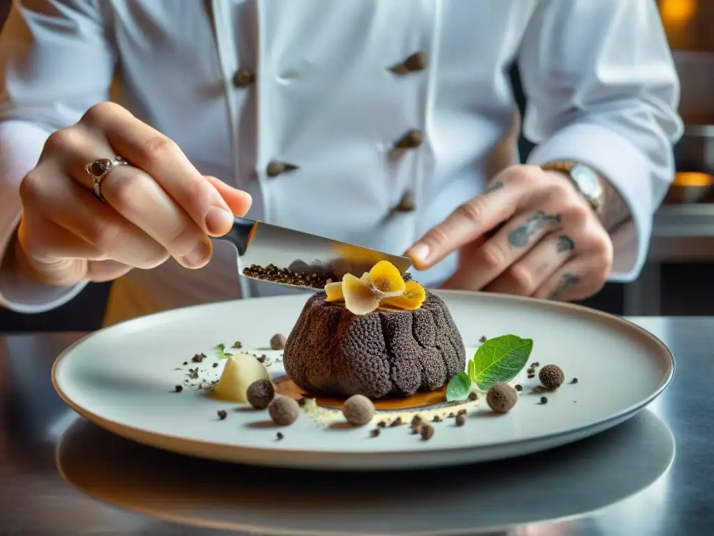 Un chef francés experto destila arte al rallar trufas negras sobre un plato elegante