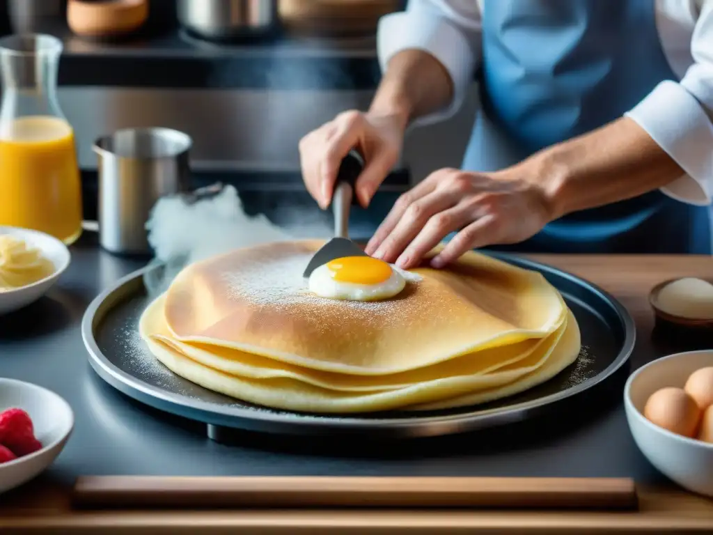 Maestro crepero francés: arte en la sartén Un chef francés experto en una auténtica crepera para crepes francesas, extendiendo la masa con destreza sobre la plancha circular