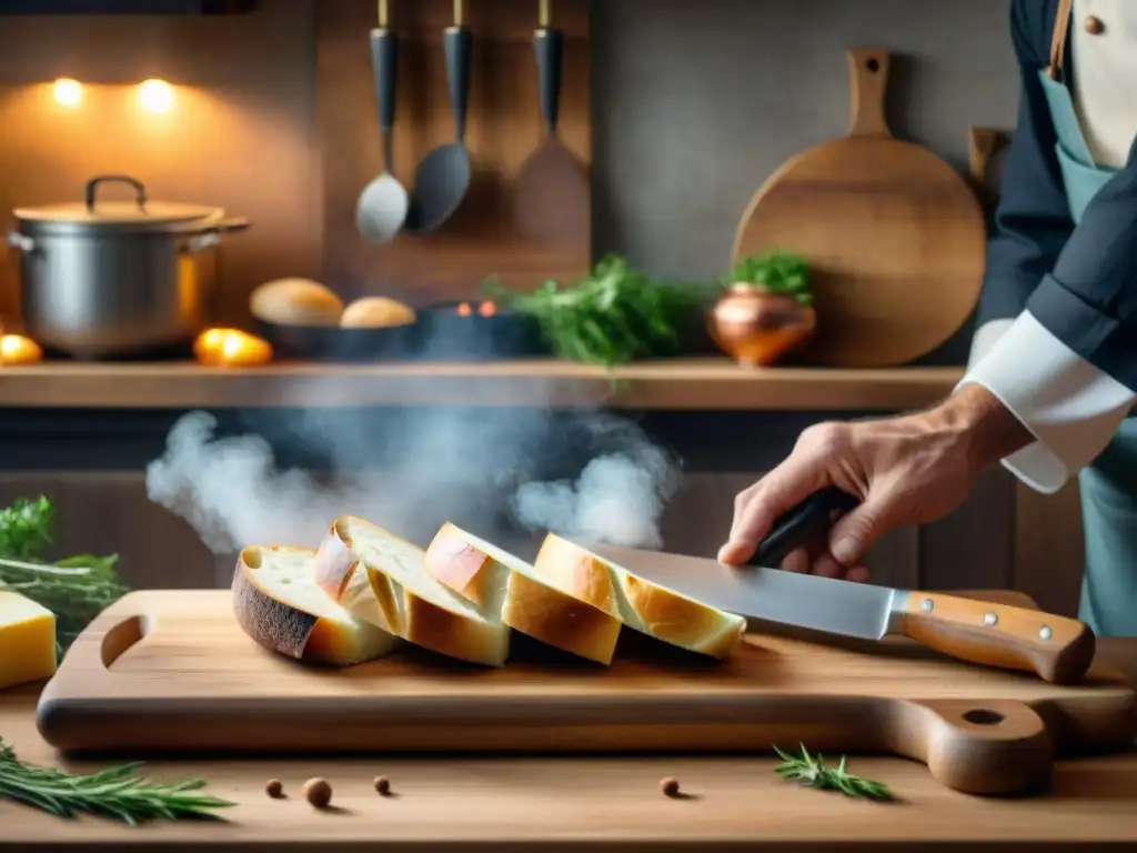 Un chef francés experto cortando baguettes en una cocina tradicional, con las mejores tablas de cortar cocina francesa