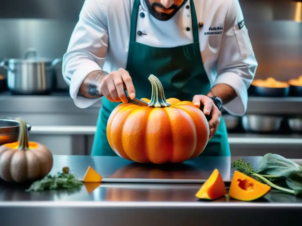 Un chef francés experto cortando una calabaza con destreza, en una cocina gourmet