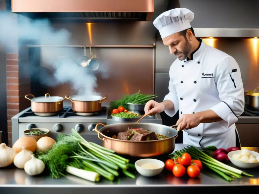 Un chef francés experto preparando un caldo de res en una cocina rústica, destacando las técnicas culinarias para un sabor excepcional