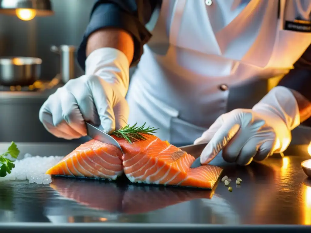 Un chef francés experto en carpaccio de salmón corta con precisión, mostrando su textura y marmoleado, en una cocina francesa elegante y activa