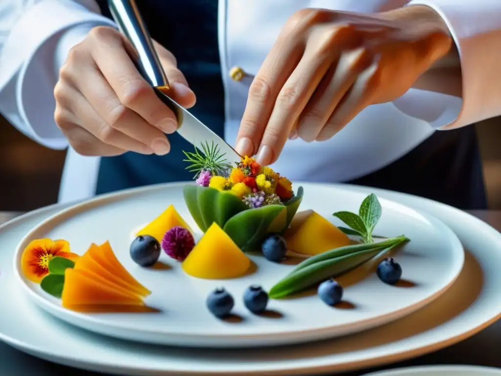 Un chef francés experto crea centros de mesa comestibles con precisión y arte en un plato blanco